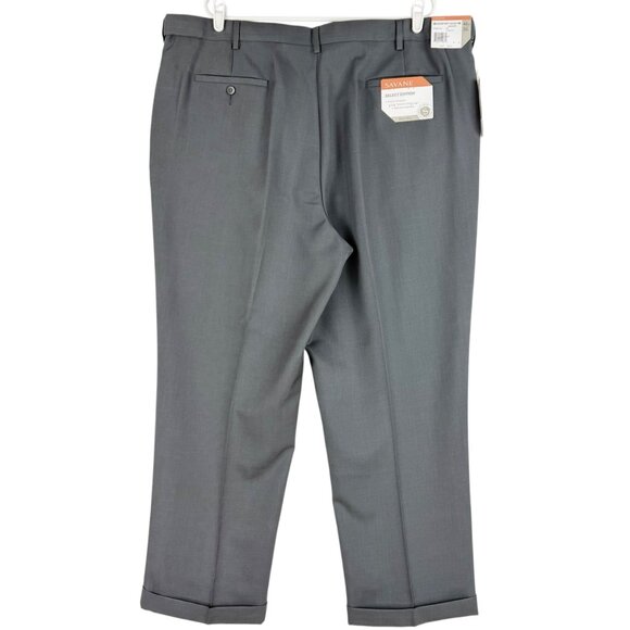 Savane Men's Comfort Waist Straight Pleated Rolled Cuff Charcoal Pants 46x30 NWT - Picture 2 of 13